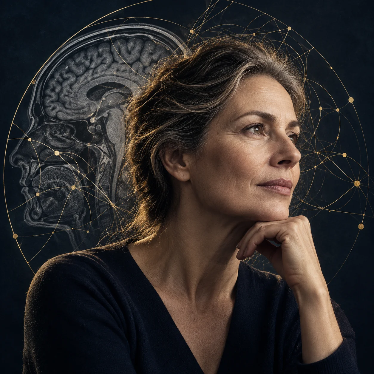 Imagen conceptual de reflexión y mente, con un retrato y un mapa cerebral.
